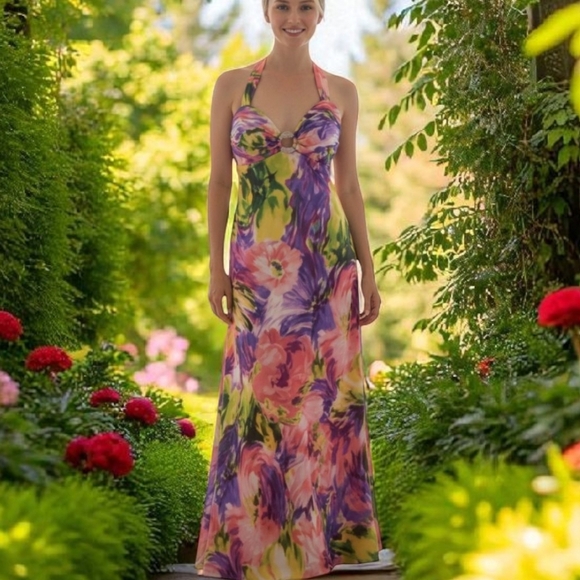 Y2K Halter Criss Cross Back Floral Watercolor Satin Formal Prom Dress Sz XS - Picture 1 of 12